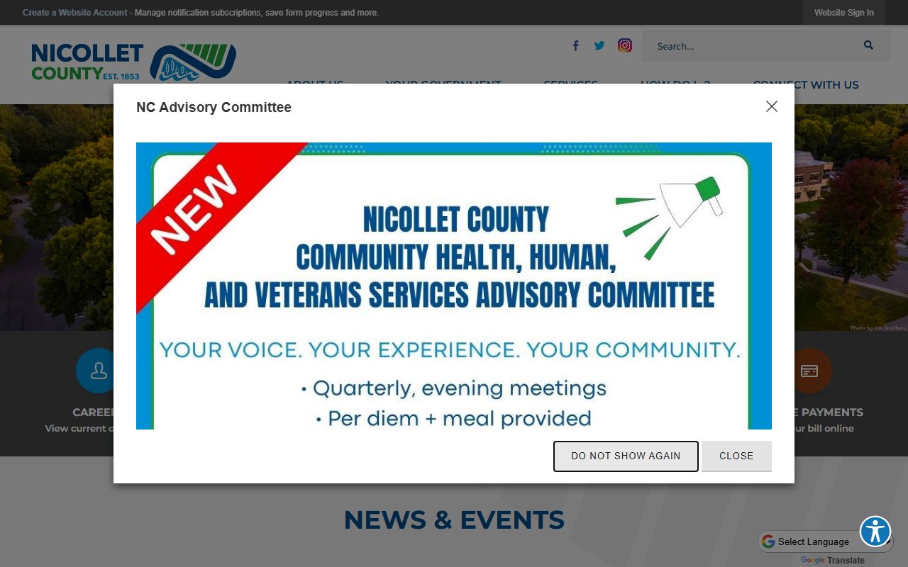 Nicollet County website showing recorder services and vital records information