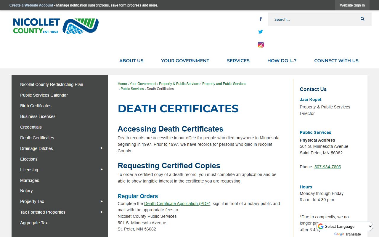 Nicollet County death certificates request page with ordering details and fee information