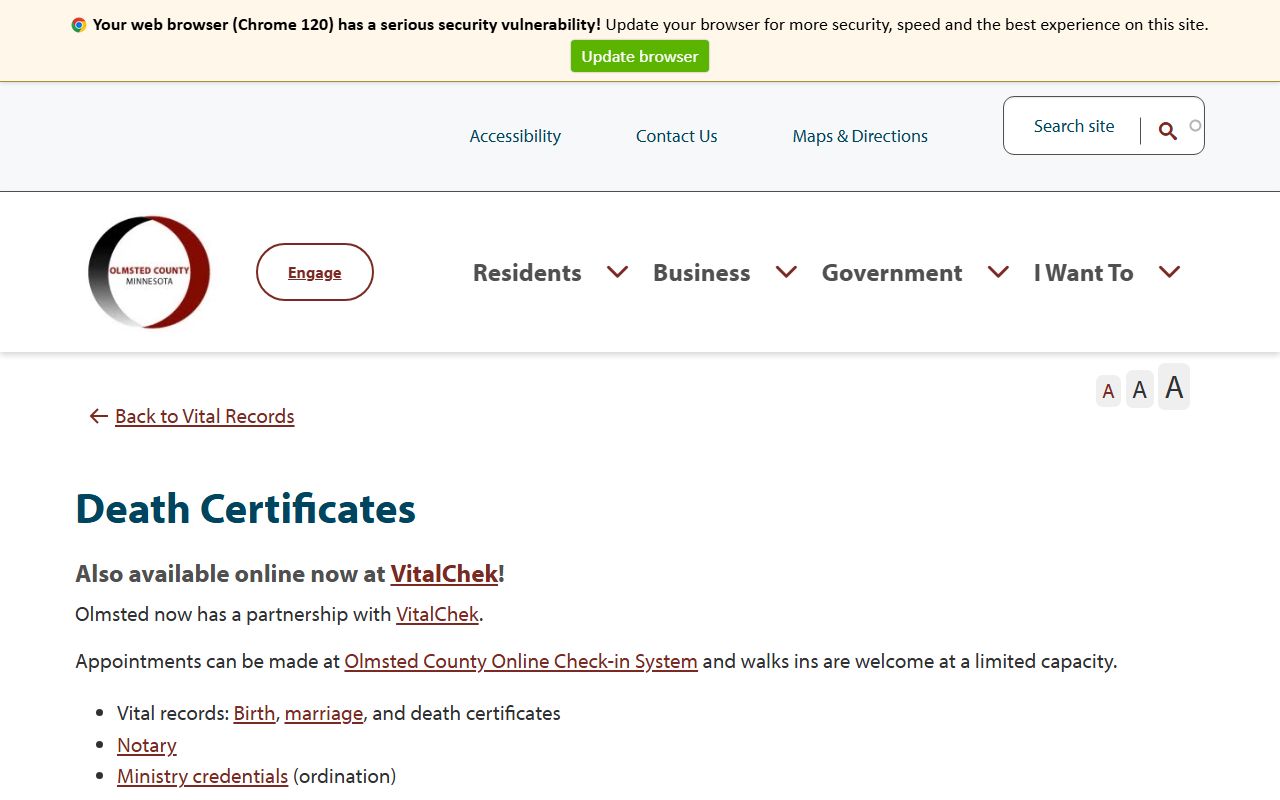 Olmsted County death certificates page with ordering instructions