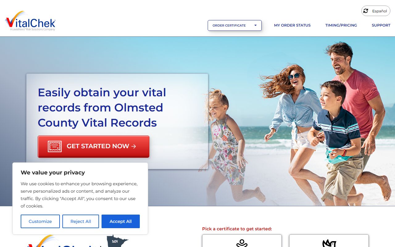 VitalChek online portal for Olmsted County death records