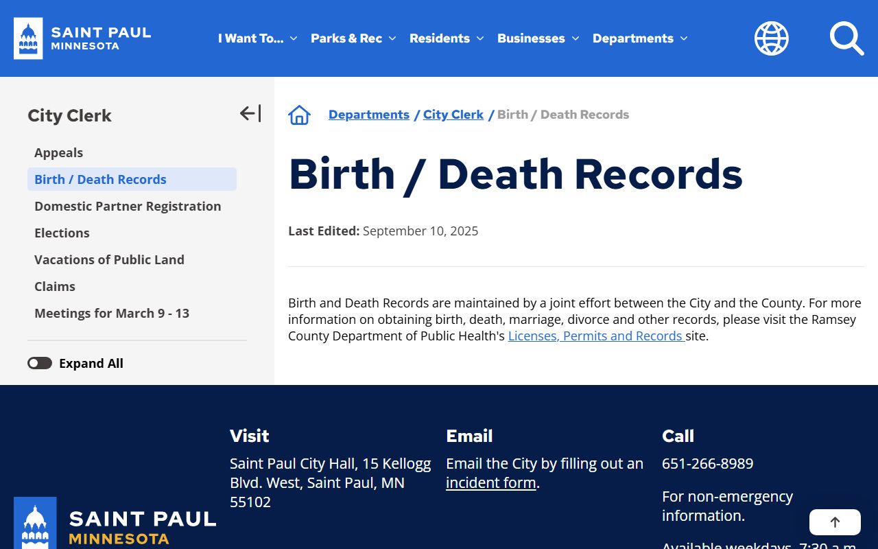 St. Paul City Clerk birth and death records page for Ramsey County deaths
