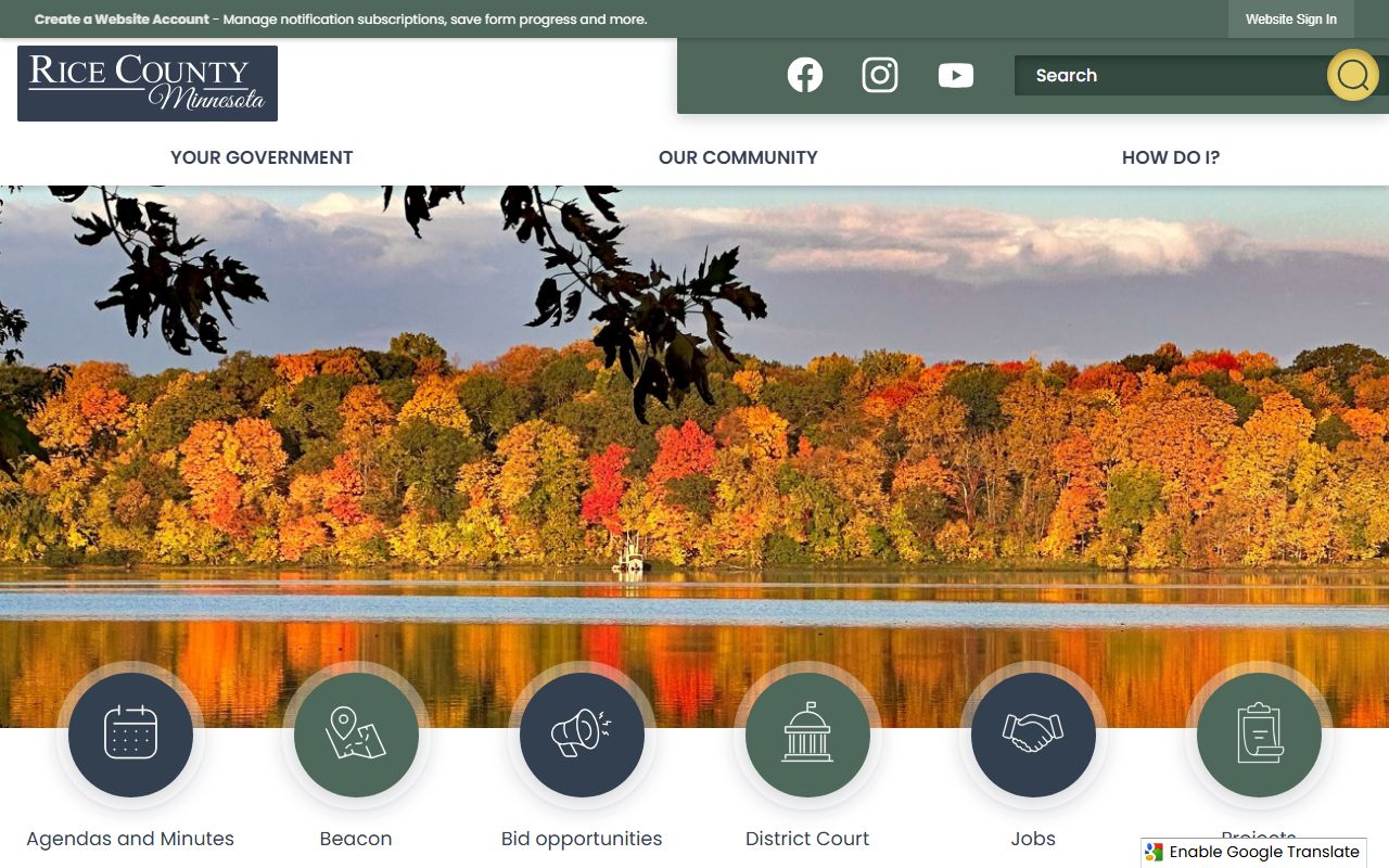 Rice County main website showing links to recorder and death certificate services