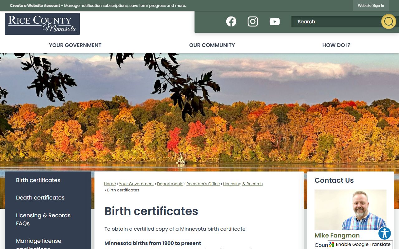 Rice County Recorder page with contact information and vital records services