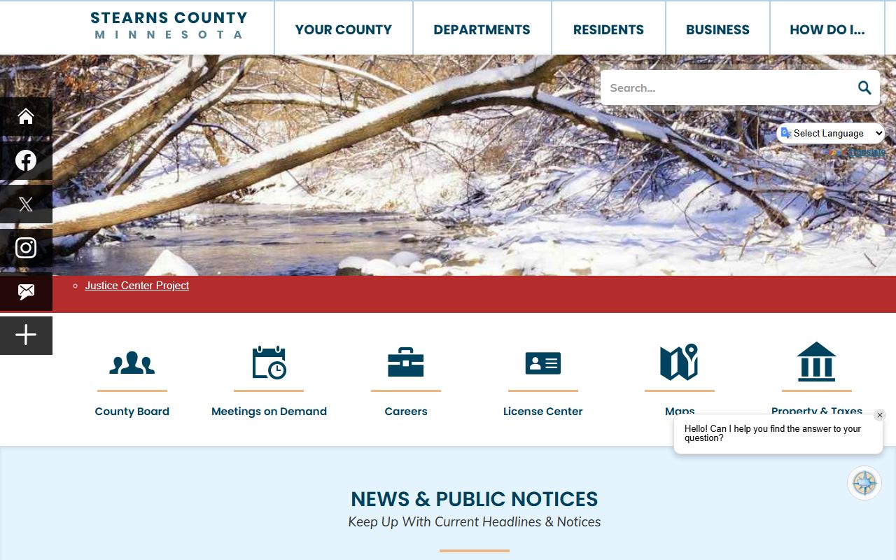 Stearns County website showing recorder and vital statistics services