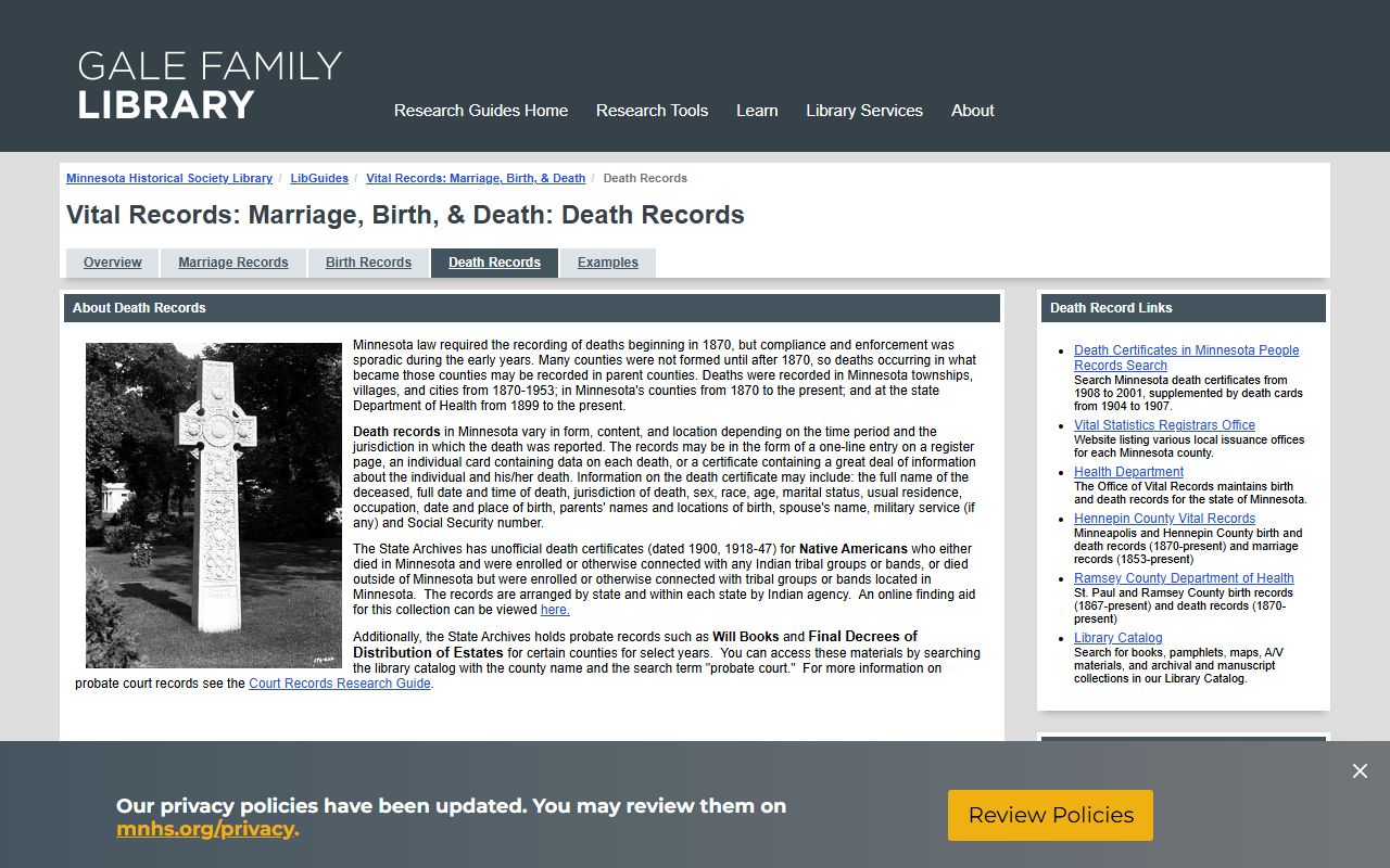 Minnesota Historical Society death records guide and collections